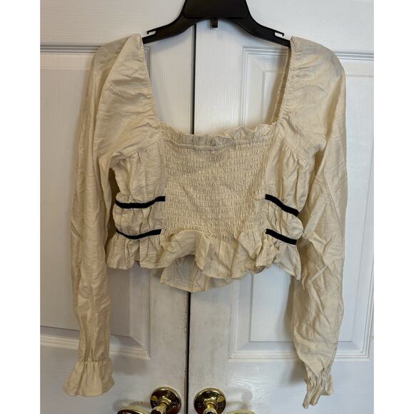 NWOT Thirty Thirty Smocked Milkmaid Crop Top sz Large Cream White Black Bow NEW - Picture 2 of 3